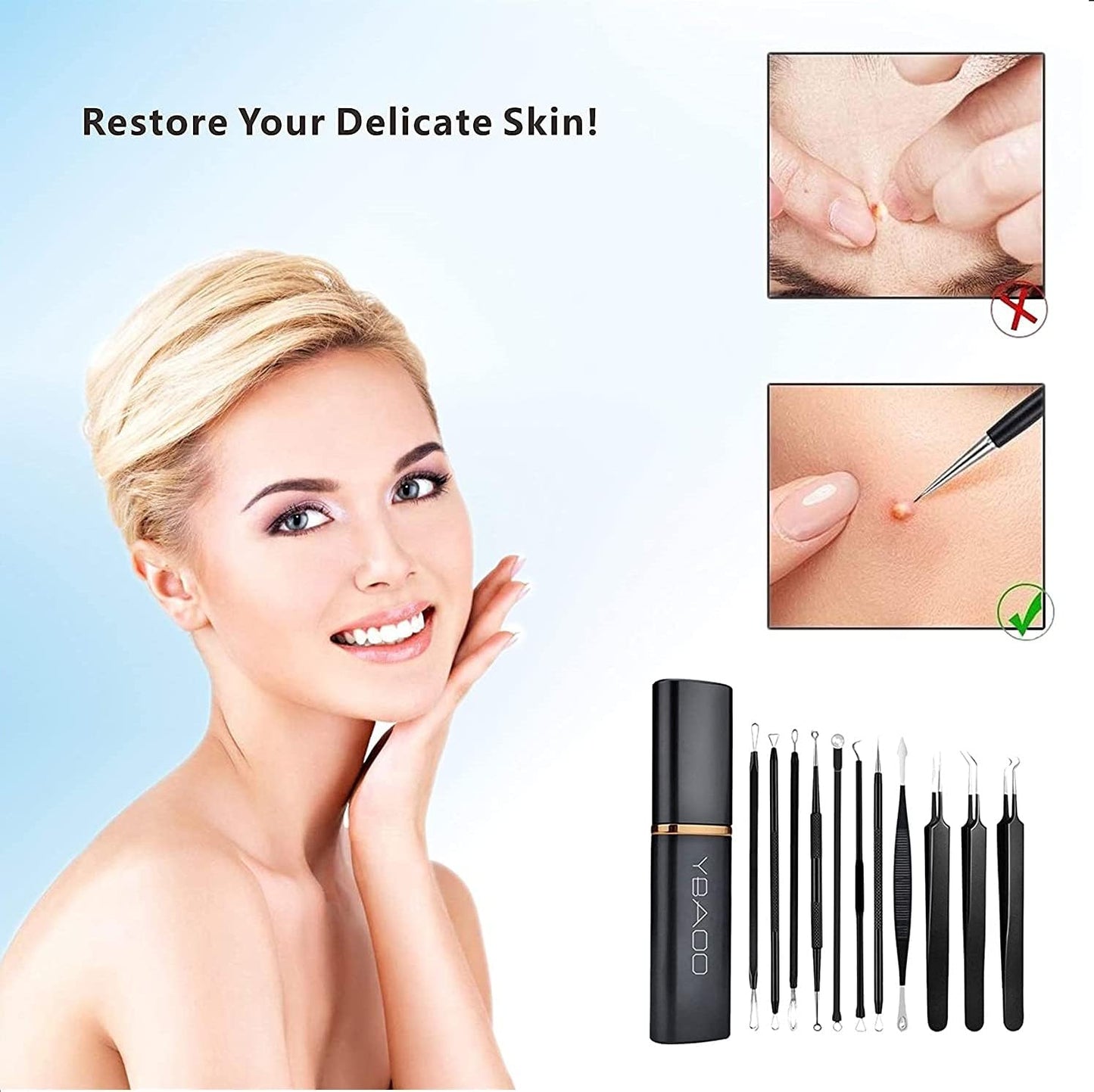 Pimple Popper Tool Kit 11 Pcs, Blackhead Remover Pimple Extractor Tools with Metal Case for Quick and Easy Removal of Blackheads,Pimples,Whiteheads,Zit Popper,Forehead,Facial and Nose (Black)