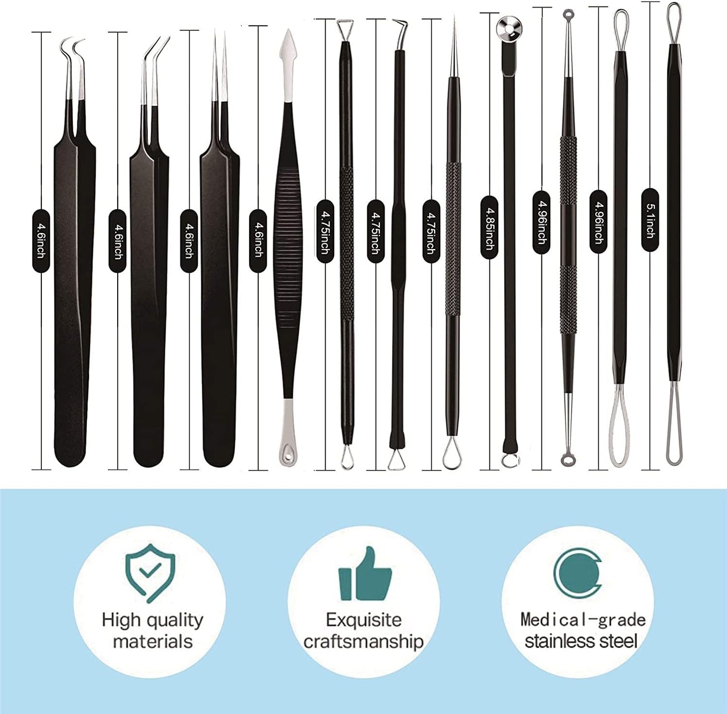 Pimple Popper Tool Kit 11 Pcs, Blackhead Remover Pimple Extractor Tools with Metal Case for Quick and Easy Removal of Blackheads,Pimples,Whiteheads,Zit Popper,Forehead,Facial and Nose (Black)