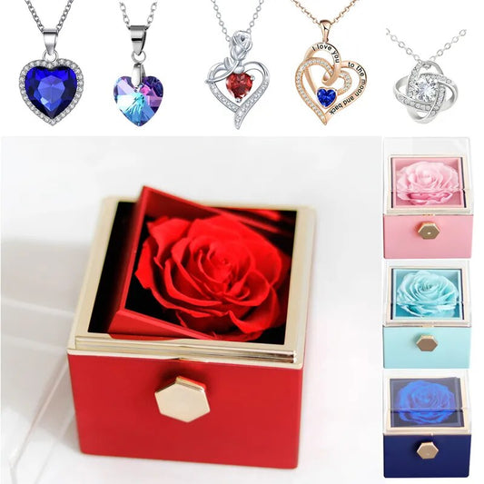 Gifts for Girlfriend Rotating Eternal Rose Gift Box Necklace Set Preserved Flower Jewelry Box for Valentine Christmas Birthday